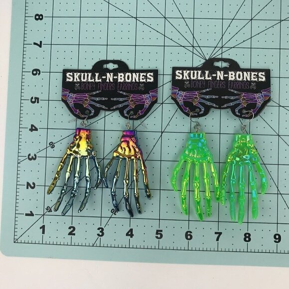 2 New Pair Skull N Bones Boney Fingers Dangle Earrings Hand Iridescent Halloween - Picture 6 of 6